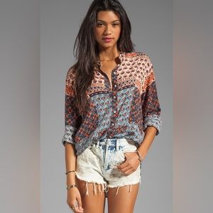 Free People Caravan Patchwork Multicolored Button Front Shirt